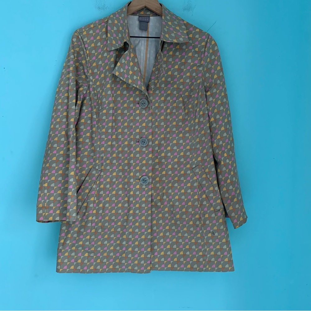 Sigrid Olsen Geometric Pattern Midi Nylon Spring Rain Trench Coat 12P Tan